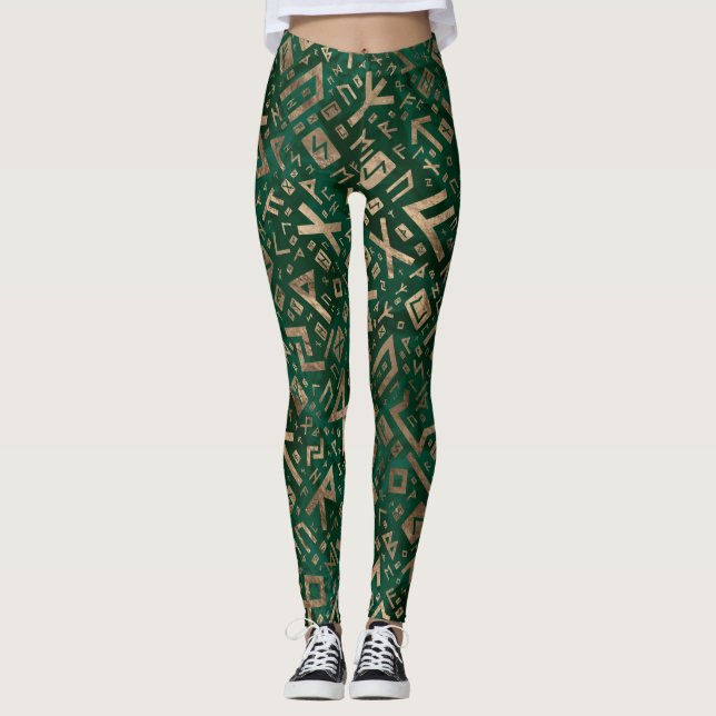 Ältere Runen - Futhark Muster-Gold auf Malachit #1 Leggings (Vorderseite)
