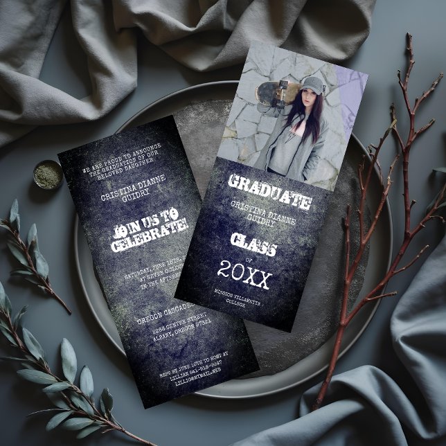 Alternative Graduate Gray Dirty Metal Textur (Modern Alternative Graduate Grey Dirty Metal Texture Photo Invitations Cards. )