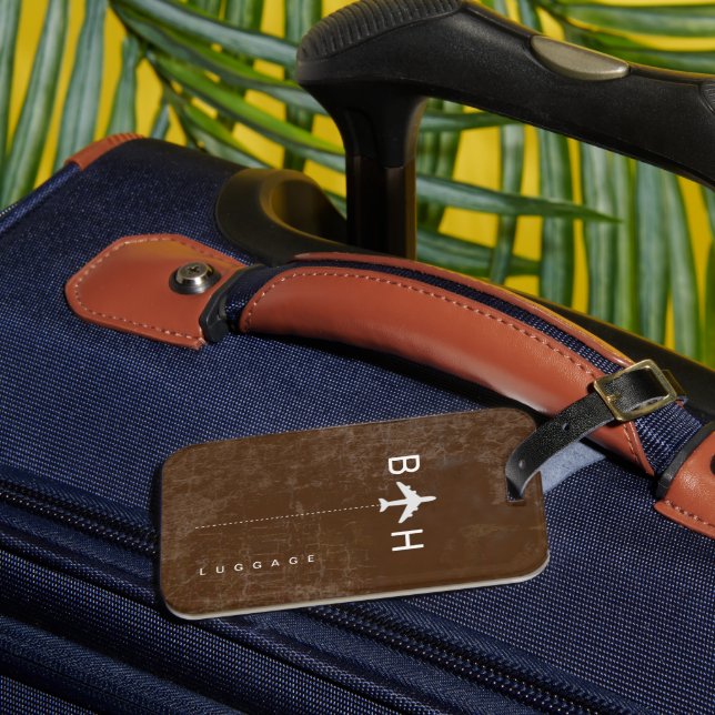Alters Brown Modern Airplane Monogram Gepäckanhänger (Vorderseite Insitu 3)