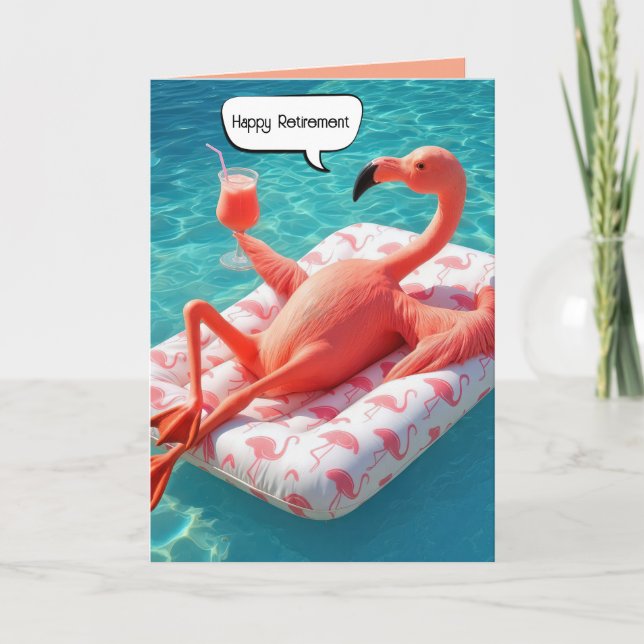 Altersruhestand Flamingo Floating in einem Pool Karte (Vorderseite)