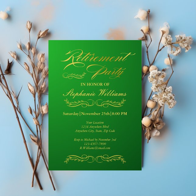 Altersvorsorge Elegante Weibliche Grün und Gold Einladung (Von Creator hochgeladen)