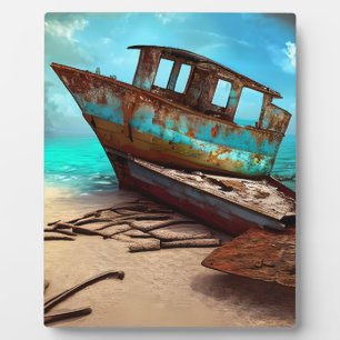 Altes, altes Schiff auf einem Sandstrand Fotoplatte