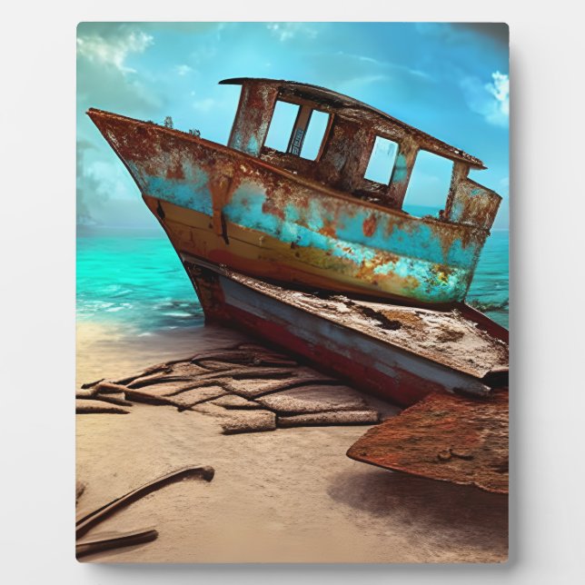 Altes, altes Schiff auf einem Sandstrand Fotoplatte (Vorderseite)