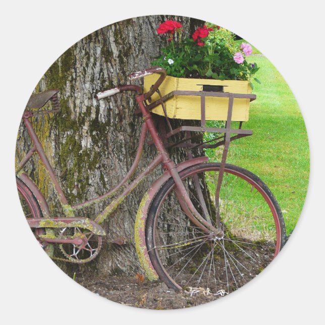 Altes antikes Fahrrad mit Blume Basket Runder Aufkleber (Vorderseite)