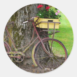 Altes antikes Fahrrad mit Blumen-Korb Runder Aufkleber