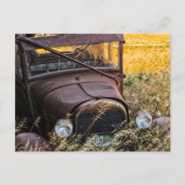 Altes Auto im großen Gras abgehängt Postkarte (Vorderseite)