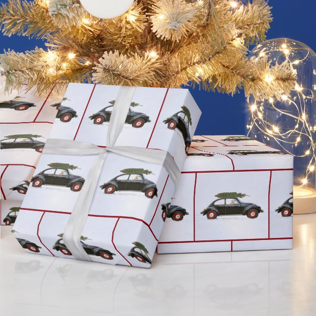 Altes Auto mit Christbaum und Hund Geschenkpapier (Feiertage)