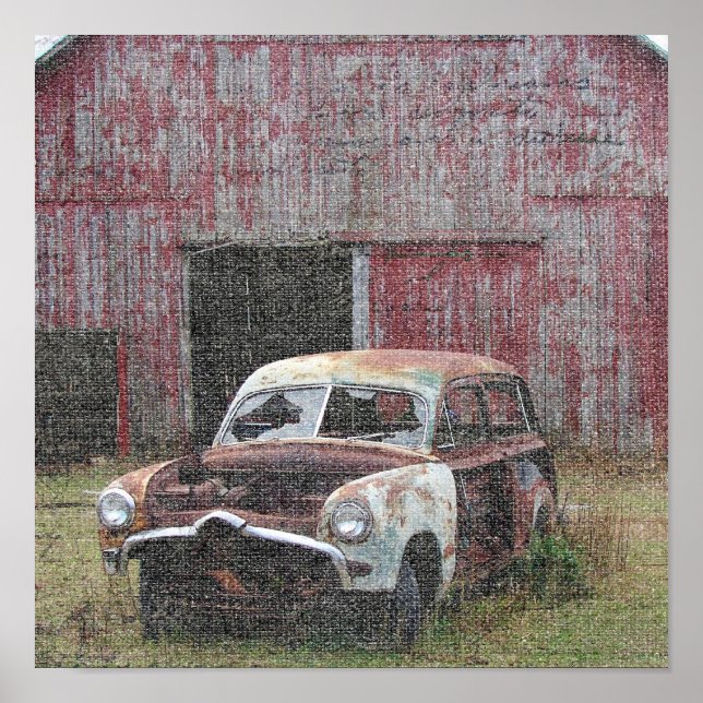 Altes Auto und alter Stall Poster (Vorne)