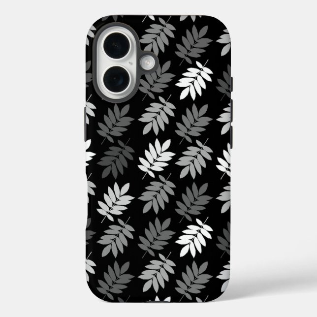 Altes Blattmuster Schwarz Weiß Grau iPhone 16 Hülle (Rückseite)