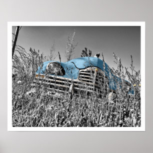 Altes blaues Auto auf einer Wiese Poster