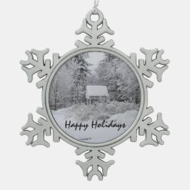 Altes Brunnenhaus zu Weihnachten Schneeflocken Zinn-Ornament