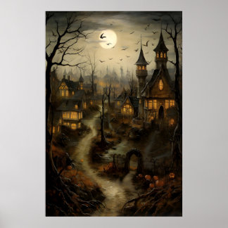 Altes Dorf mit Kürbissen, Halloween-Landschaft Poster