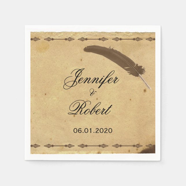 Altes elegantes Parchment mit Quill Weddin Serviette (Vorderseite)