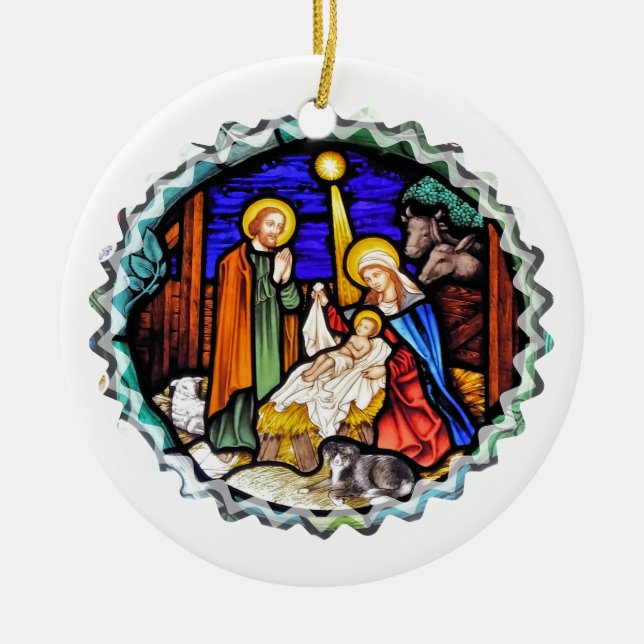 ALTES ENGLAND-GEBURT CHRISTIS-FENSTER KERAMIK ORNAMENT (Vorne)