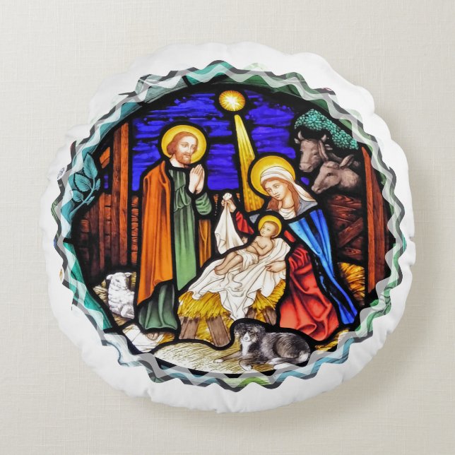 ALTES ENGLAND-NATIVITÄTSFENSTER RUNDES KISSEN (Vorderseite)