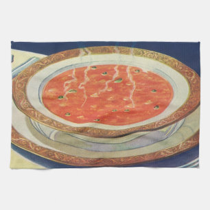 Altes Essen, heiße Schüssel Tomatensuppe mit Erbse Geschirrtuch