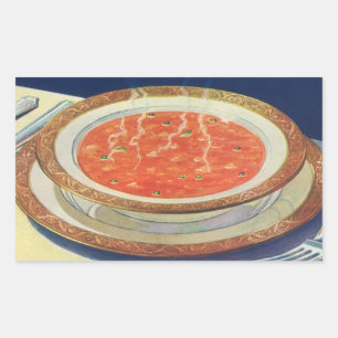 Altes Essen, heiße Schüssel Tomatensuppe mit Erbse Rechteckiger Aufkleber
