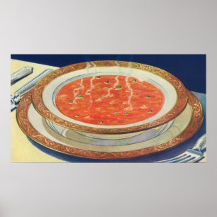 Altes Essen, Heißer Teller Tomatensuppe mit Erbsen Poster
