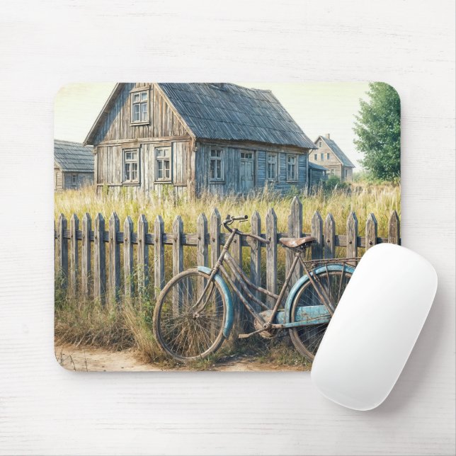 Altes Fahrrad auf dem rustikalen Zaun abgesetzt Mousepad (Mit Mouse)