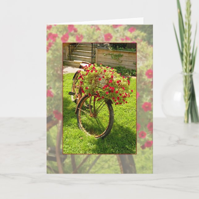 Altes Fahrrad gerecycelt in roten Blumen-Pflanzer Karte (Vorderseite)