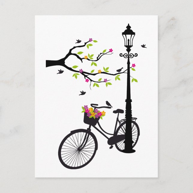Altes Fahrrad mit Lampe, Blume Korb, Vögel, Baum Postkarte (Vorderseite)