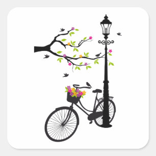 Altes Fahrrad mit Lampe, Blumenkorb, Vögel, Baum Quadratischer Aufkleber