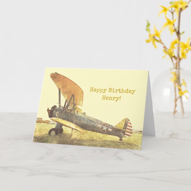 Altes Flugzeug "Freedom" Biplane Custom Birthday C Karte (Gelbe Blume)