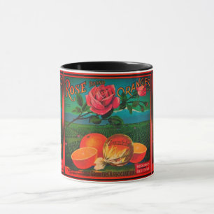 Altes Fruchtschilderlabel mit Rose und Orange Tasse