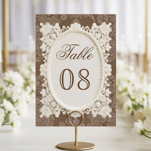 Altes Geld Braun Elfenbein Häkelspitze Hochzeit Tischnummer
