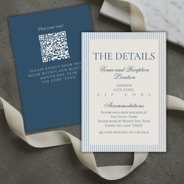 Altes Geld Script Blue Stripe Hochzeitsdetails Begleitkarte (Old Money Script Blue Stripe Wedding Details Enclosure Card)