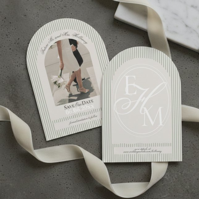 Altes Geld Script Green Strip Foto Save the Date Einladung (Old Money Script Green Stripe Photo Save the Date Invitation)