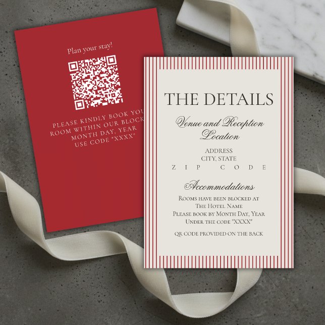 Altes Geld Script Red Stripe Hochzeitsdetails Begleitkarte (Old Money Script Red Stripe Wedding Details Enclosure Card)