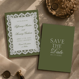 Altes Geld-Spitzen-Doily Olivgrüne Hochzeit Einladung