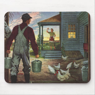 Altes Geschäft, Bauernhof mit Landwirt und Hühnern Mousepad