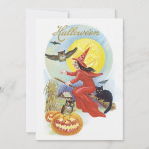 Altes Halloween, Fliegende Hexe mit einer schwarze Einladung