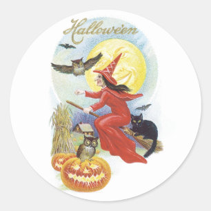 Altes Halloween, Fliegende Hexe mit einer schwarze Runder Aufkleber