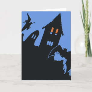 Altes Halloween, gruseliges Spukhaus und Hexe Karte