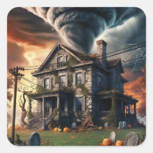 Altes Halloween-Haus und Tornado Quadratischer Aufkleber