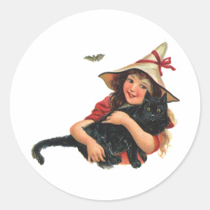 Altes Halloween, Mädchen-Hexe mit schwarzer Katze Runder Aufkleber