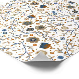 Altes handgezeichnetes Blumenmuster in Blau, Orang Poster