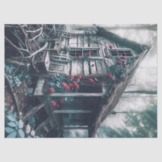 Altes Haus im Wald mit Rose Dekoupage Seidenpapier