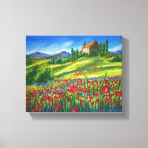 Altes Haus in der Nähe von Mohnfeld.Canvas-Druck Leinwanddruck
