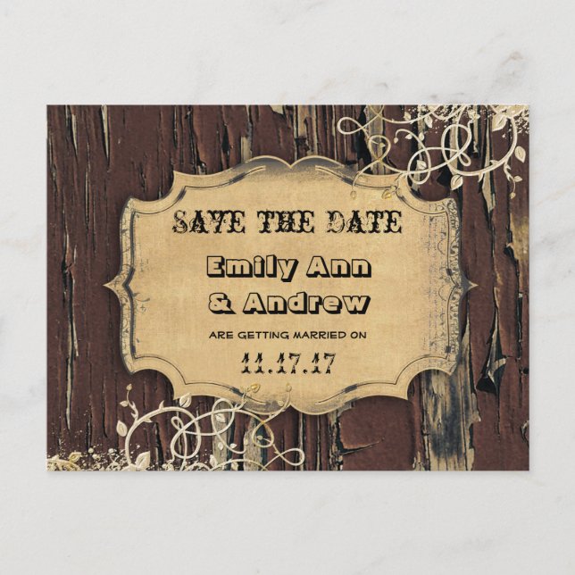 Altes Holz Land Chic Goldweine Save the Date Ankündigungspostkarte (Vorderseite)