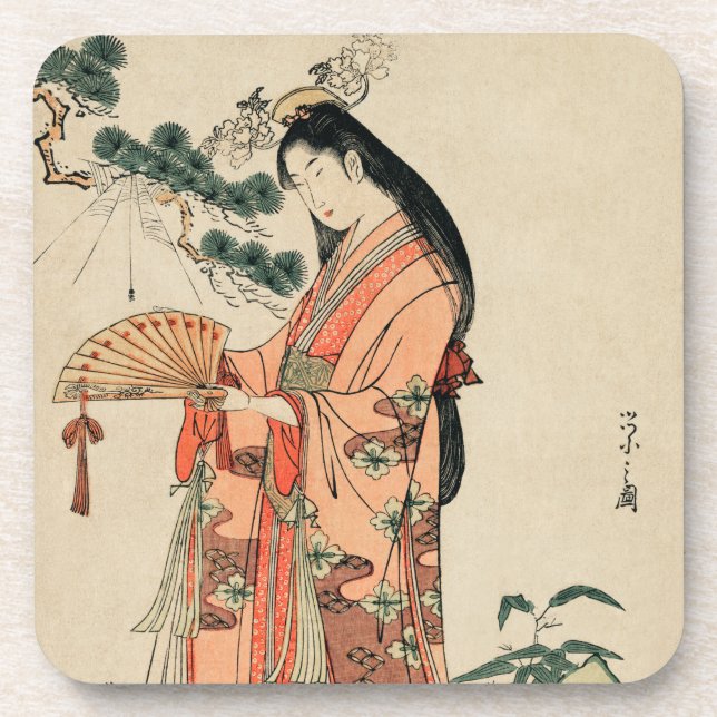 Altes Holz Zeichnend japanische Frau Getränkeuntersetzer (Vorderseite)