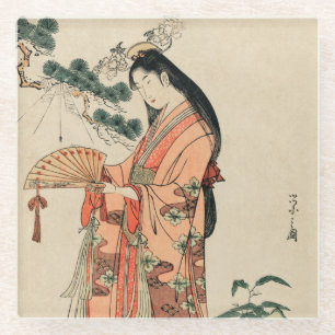 Altes Holz Zeichnend japanische Frau Glasuntersetzer
