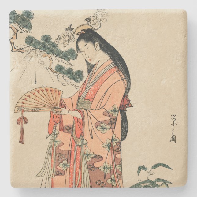 Altes Holz Zeichnend japanische Frau Steinuntersetzer (Vorderseite)