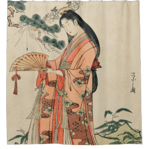 Altes japanisches Holz Zeichnend mit Frauen Duschvorhang