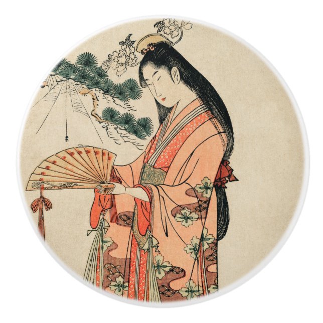 Altes japanisches Holz Zeichnend mit Frauen Keramikknauf (Vorderseite)