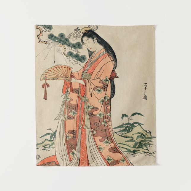 Altes japanisches Holz Zeichnend mit Frauen Wandteppich (Vorderseite)