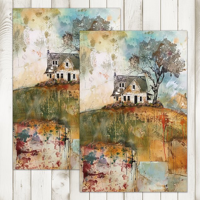 ALTES LANDHAUS AUF EINER HÜGEDEKOUPAGE SEIDENPAPIER (OLD FARMHOUSE ON A HILL DECOUPAGE TISSUE PAPER)